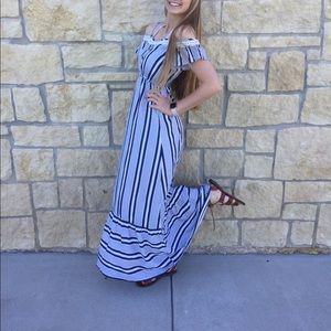 white and navy striped OTS maxi dress
